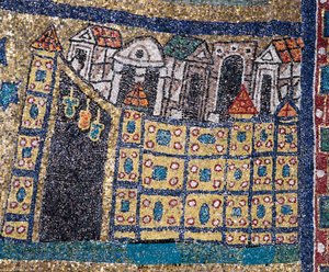 The Vision of Celestial Jerusalem: detalje af Jerusalem repræsenteret i befæstet citat. Mosaik omkring 830. Triumfbue for basilikaen Santa Prassede, Rom af Unknown artist