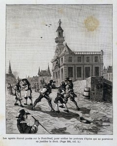 Agenterne var udstationeret på Pont Neuf for at stoppe dem, der ikke kunne retfærdiggøre deres ret. af Unknown artist