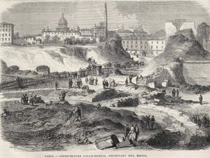Amfiteateren Gallo Romain opdagede i Rue Monge i Paris i 1870, i dag Arenes de Lutèce. Indgravering af det 19. århundrede. af Unknown artist