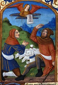 Englen forkynder for hyrderne Jesu fødsel. 15. århundredes manuskript. Biblioteca Nazionale Braidense, Milano af Unknown artist