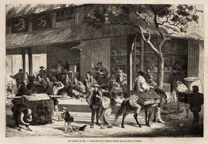 Animationen af et hus og gadens aktiviteter. Indgravering til illustration af rejsen til Japan i 1863-1864 af Aime Humbert, minister for Det Schweiziske Forbund, i "" Le tour du monde, nouveau journal des voyages"" udgivet under ledelsen af Unknown artist