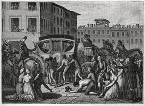 Pave Pius VIs (Giovanni Angelo Braschi dit Pius VI, PIO 1717-1799) ankomst til Grenoble i 1799. Stik fra 1800. af Unknown artist