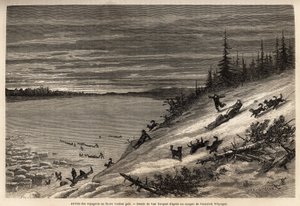 Ankomsten af passagerer med hundeslæde ved Yukon-floden (det ekstreme nordlige Canada) fryser fuldstændig til. Gravering for at illustrere rejsen og eventyrene i engelsk Colombia, Vancouver Island og Alaska, af Frederick Whymper af Unknown artist