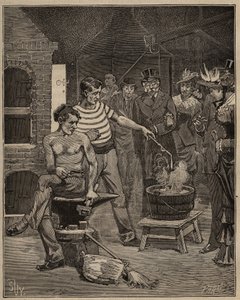 Glaskunsten: oplevelse af bataviske tårer. Dråber af smeltet glas falder ned i et koldt vandbad, som fryser i form af tårer. Indgravering fra 1885 i "" Les arts et metiers illustres"" af Adolphe BITARD. af Unknown artist
