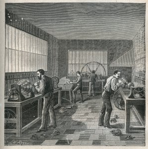 Drejebænkens kunst: metalarbejde i et værksted af en dreje-afviser. Indgravering fra 1885 i "" Les arts et metiers illustres"" af Adolphe BITARD. af Unknown artist