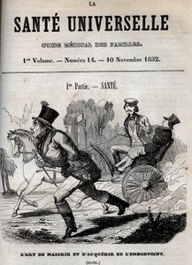 Kunsten at tabe sig og blive overvægtig: en mand går, mens en anden bliver transporteret i en vogn - indgravering i "La Sante Universelle - Guide Medical des Familles"" 1852 af Unknown artist