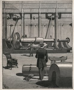Kunsten at rejse: at skyde en stålmonsterkanon. Indgravering fra 1885 i "" Les arts et metiers illustres"" af Adolphe BITARD. af Unknown artist