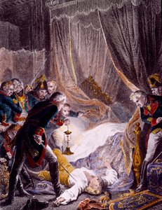 Mordet på Paul I Petrovich (1754-1801), russisk zar på sit værelse i Sankt Michaels palads efter at være blevet tvunget til at underskrive sin abdikation. Stik omkring 1801. Privat Samling af Unknown artist