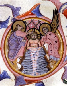Kristi dåb i Jordan af Johannes Døberen - efter en miniature af et manuskript fra det 14. århundrede. af Unknown artist