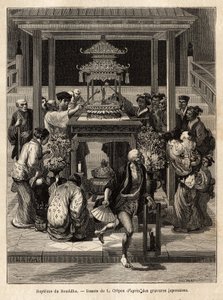 Dåben af Buddha, en årlig fest, der finder sted den 8. dag i den 4. måned, vander tilhængerne bronzestatuen af Buddha, der er udsat til lejligheden foran templerne. Gravering til illustration af rejsen til Japan, af Aime Humbert, min af Unknown artist