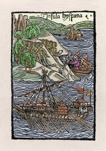 Barken ved Hispaniola af Christopher Columbus (1451-1506). Indgravering fra “” De insulis in mare Indico super inventis””, Bale 1493-1494 (latinsk oversættelse af Columbus