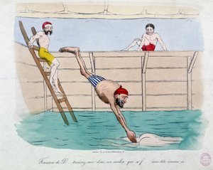 Badet: karikatur af offentlige bade (svømmebassiner) i Paris - 1800-tallet, Carnavalet. af Unknown artist