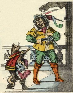 Støvlekatten møder trolden. Illustration af fortællingen "The cat botte" af Charles Perrault af Unknown artist