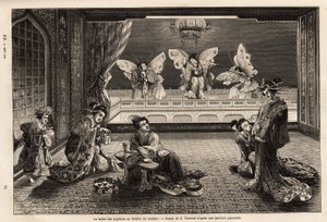 Sommerfugleballetten i Gankiro Theatre, i Miyozaki Pleasure District i Yokohama. Gravering til illustration af rejsen til Japan af Aime Humbert, minister for det schweiziske forbund, i 1863-1864, udgivet i "" le tour du monde"", under den dystre af Unknown artist