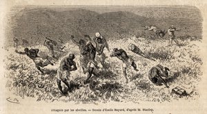 Karavanen af bærere af Henry Morton Stanleys ekspedition (1841-1904) på Misonghi-vejen (Østafrika) blev angrebet af en sky af bier. Gravering for at illustrere rejsen på jagt efter Livingstone i det centrale Afrika af Henry Stanley, korrespondent for af Unknown artist