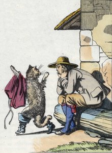 Katten beder sin herre om tøj og støvler og lover snart at blive rig. Illustration af Charles Perraults fortælling "Le chat botte" af Unknown artist