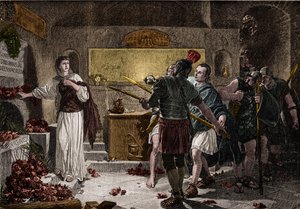 Katakomberne i Rom blev brugt til at begrave kristne martyrer i det første århundrede uden at støde på nogen forhindringer fra romerne. Omkring 257, under kejser Valerians regeringstid, begyndte forfølgelsen af de døde, og mange kristne blev forfulgt og ja af Unknown artist