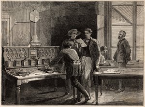 Den centrale telegrafstation på Creusot-fabrikken. Gravering til illustration af en rejse til Creusot og minerne i Saone og Loire, i 1865, af L. Simonin, i "" Le tour du monde, nouveau journal des voyages"" udgivet under ledelse af Edouard C af Unknown artist