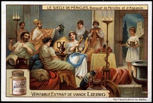 Perikles århundrede (495-429 f.Kr.): festmåltid for Perikles og Aspasie (470-400 f.Kr.) - Liebig-kromolitografi af Unknown artist