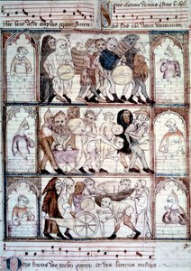 Charivari-festen til Fauvels bryllup. Procession af musikere og transvestitter. Miniature fra manuskriptet "Le roman de fauvel" af Gervais du Bus (Gerves du Bus) af Unknown artist