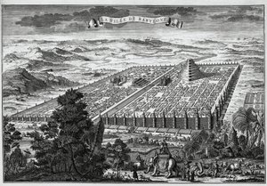 Babylons bymure omkranser de hængende haver og Babels tårn - af Unknown artist