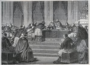 Præsten fra Frankrig og Italien mødtes i Paris til forsamlingen af det franske nationalråd den 9. juni 1811 under formandskab af kardinal Fesch (1763 - 1839). af Unknown artist