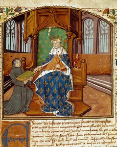 Klummeskribenten Enguerrand de Monstrelet (1400-1453) donerer sin bog til kong Charles VII (1403-1467) Miniature fra "Chronicles d