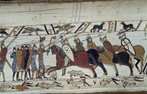 Erobringen af England af hertugen af Normandiet Vilhelm Erobreren (1027-1087) i 1066: scene for slaget ved Hastings, der modsatte det normanniske infanteri til det saksiske kavaleri Detalje af Bayeux-tapetet eller broderi af dronning Mathilde af Unknown artist