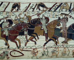 Englands erobring af hæren af hertugen af Normandiet Vilhelm Erobreren (1027-1087): Hertug Guillaume genkendes af sine soldater ved at løfte sin hjelm under slaget ved Hastings. Detail of the Tapestry of Bayeux eller Broderi af Dronning Mathild af Unknown artist