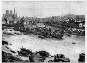 Byggeriet af Pont Neuf i Paris, der passerer gennem Square du Vert-Galant for enden af Ile de la Cite. De første værker i 1578. Indgravering i "" Le Monde illustrious"" af Unknown artist