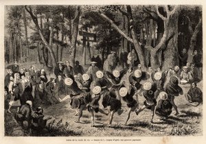 Risrundens dans, som finder sted i årets 10. måned, relaterer sig til kornafgrøder. Gravering til illustration af rejsen til Japan af Aime Humbert, minister for Det Schweiziske Forbund, i 1863-1864, udgivet i "" le tour du monde"", und af Unknown artist