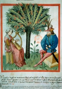 Datdeltageren. En kvinde spiller lyre foran en mand, der lytter til musik. I baggrunden en palme, hvorpå der vokser dadler. Belysning fra handel med medicin og diætetik (ms. lat. 9333) "" Tacuinum sanitatis""" efter handel med medicin "" Kitab af Unknown artist