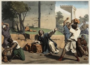 Sankt Stefans død: Sankt Stefan stenet af jøderne betragtes som den første kristne martyr. Anonym stik fra midten af 1800-tallet. af Unknown artist