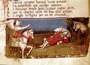 Døden af ridderen Roland, nevø af Karl den Store, under slaget ved Roncevaux, 778 Miniature taget fra "" Entree of Spain"". Venedig fra det 14. århundrede, Biblioteca Marciana. af Unknown artist