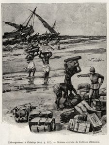 Afbarkningen ved Chimbye (Tanzania) af Peters-ekspeditionen. Gravering til illustration af historien "Au secours d