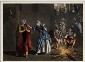 Sankt Peters fornægtelse: som Kristus havde forudsagt, fornægter Sankt Peter Kristus tre gange, mens hanen annoncerer dagen. Anonym stik fra midten af 1800-tallet. Anonym stik fra midten af 1800-tallet. af Unknown artist