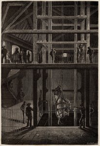 Nedstigningen af en hest i Creusot-minerne, brugt i underjordiske tunneler til transport af kulvogne. Gravering til illustration af en rejse til Creusot og minerne i Saone og Loire, i 1865, af L. Simonin, i "" Le tour du monde, nouveau journal des af Unknown artist