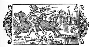 Djævelen bærer en heks - i "History of the Northern Nations" af Olaus Magnus, Rom 1555 af Unknown artist