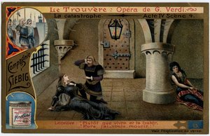 Katastrofeakt IV scene 4. Illustration til operaen "" Fundet"" (Il trovatore) af Giuseppe Verdi (1813-1901). Kromolitografi (Chromo) Liebig fra slutningen af 1800-tallet. af Unknown artist
