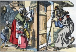Udklædningsulven banker på døren til huset med bukken og biketterne. Illustration af fortællingen "Compere le Loup, Maitre Renard, Comere la Chevre et ses petits biquets"" efter en fabel af Jean de la Fontaine. I "" Fortællinger fra hjemmet for de små af Unknown artist