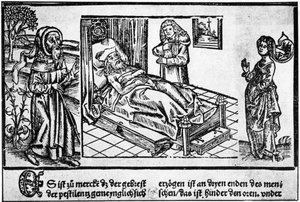 Lægen i sengen på Pestiferé, trægravering af ”Liber pestilentialis” af Jérôme Brunschwig, Strasbourg af Unknown artist