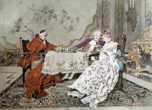 Den dobbelte del En kardinal kæmper et skakspil mod en ung mand, og engagerer sig i et forførelsesspil med en ung kvinde i nærheden af ham. Illustration af det 19. århundrede. Paris, dekorativ kunst af Unknown artist