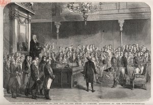 Hertugen af Wellington (Arthur Wellesley (1769-1852) (hertug af Wellington) står ved baren i Underhuset for at modtage lykønskninger fra højttaleren med hans sejr ved Vimeiro, halvøkrig af Unknown artist