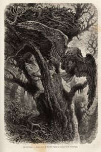 Ørnen beskytter sin rede mod ubuden gæst. Gravering for at illustrere historien Quatre mois en Florida, af M. Pousselgue, i 1851-1852, udgivet i "" le tour du monde"", under ledelse af D