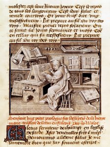 Den kirkelige, kopisten og oversætteren Jean Mielot (død 1472) repræsenterer arbejdet på sit kontor Side af et manuskript fra det 15. århundrede. Paris, B.N. af Unknown artist