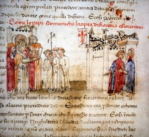 Ekskommunikationen af Firenze og Florentinerne i 1375 - i "" Croniche del Sercambi"", omkring 1400. af Unknown artist