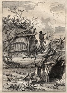 Ekspeditionen rundt om i verden (1790-1792) af kaptajn Etienne Marchand (1755-1793): indfødte hytter i landet Enddacht (Australien) - illustration taget fra "The Great Mariners of the 18th century"" af Unknown artist
