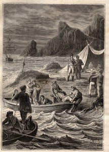 Ekspeditionen til de sydlige lande (1800-1803) af Nicolas Baudin (1754-1803): de syge af skørbug blev transporteret i land i Adventure Bay (Tasmanien, Australien) - illustration taget fra "The Great Mariners of the 18th century" ” af Unknown artist