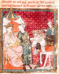 Ridderen Rolands farvel til hans onkel Karl den Store (742-814) Miniature fra "" Grandes Chronicles de France"" 1375-1379 kommunale bibliotek, Castres af Unknown artist