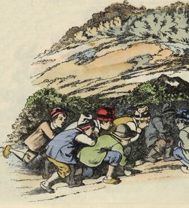 Den lille Poucets feres gemmer sig i en hul klippe for at undslippe trolden. Illustration af fortællingen "" Le Pepetit Poucet"" af Charles Perrault af Unknown artist